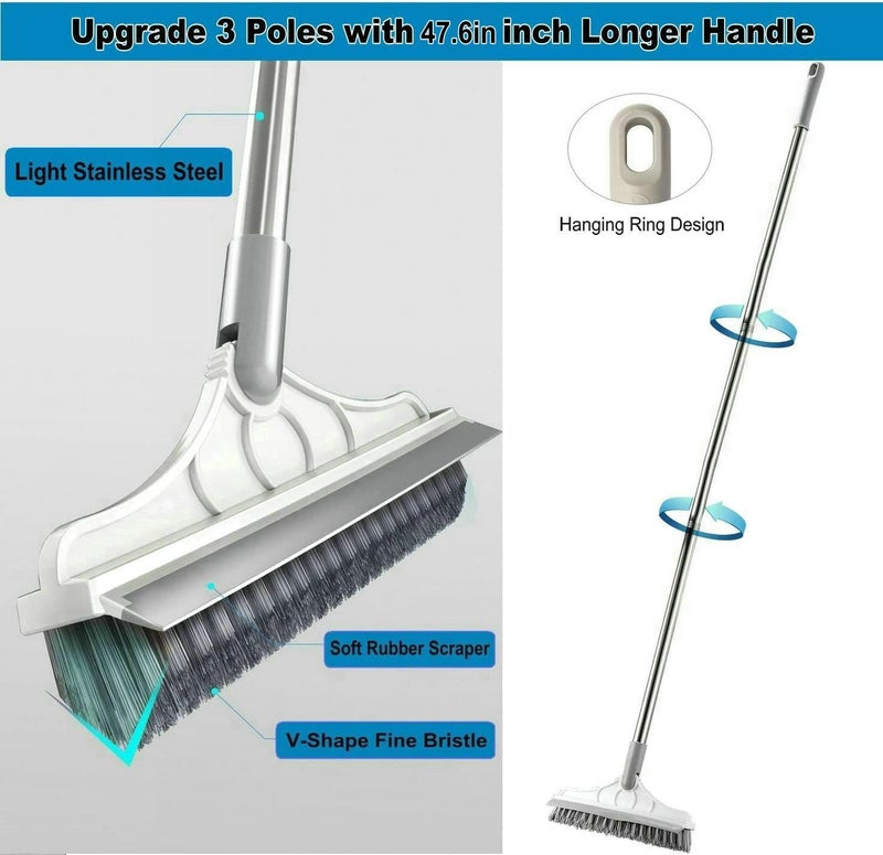 CraftinAround 2 in 1 Cleaning Scrub Brush Grout Brush Scrapee 3 Poles 47.6'' Floor Scrub Brush with Long Handle V-Shape Stiff Bristle Brush Scrubber with Squeegee 120°Rotate Magic Broom Brush for Bathroom Glass - Image 2